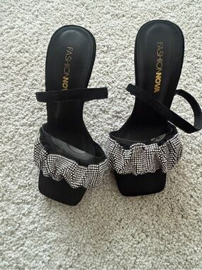 Fashion Nova Black Crystal Ruffle Slide Sandals